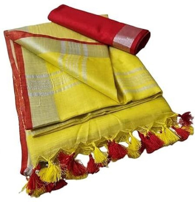 HAIDER ALI AND SONS Solid/Plain Handloom Cotton Linen Saree(Red)