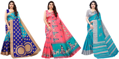 ANIRAV Printed Bollywood Art Silk Saree(Pack of 3, Blue, Pink, Grey)