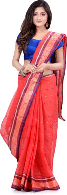 Desh Bidesh Self Design, Polka Print, Solid/Plain, Striped Handloom Handloom Cotton Blend, Pure Cotton Saree(Red)