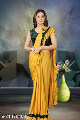 WOSTON Solid/Plain Bollywood Lycra Blend Saree(Yellow)