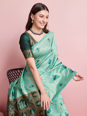 AARAANA Woven Kanjivaram Pure Silk, Cotton Silk Saree(Light Green)