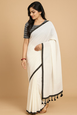 SMRITI HANDLOOM Solid/Plain Handloom Handloom Pure Cotton Saree(White)