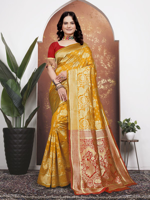 Kanooda Prints Embellished Banarasi Silk Blend Saree(Mustard)