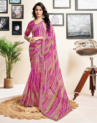 Satrani Printed, Embellished Leheria Georgette Saree(Magenta, Multicolor)
