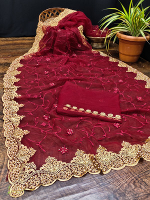 KHRITI FAB Embroidered, Printed Bollywood Net Saree(Maroon)