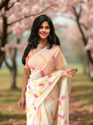 Myraani Printed Daily Wear Cotton Linen Saree(Cream)