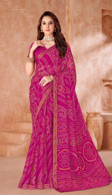 REBOOT FASHIONS Geometric Print Bandhani Chiffon Saree(Magenta)