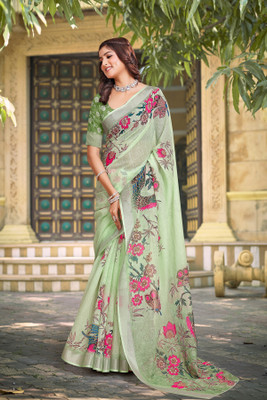 PHEASANT Digital Print Bollywood Cotton Linen Saree(Light Green)