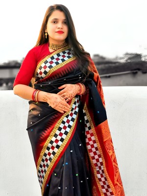 ajmera fashion Color Block Sambalpuri Nylon Saree(Black)