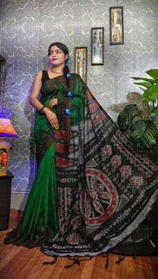 GOLU Solid/Plain, Printed Sambalpuri Handloom Pure Cotton Saree(Dark Green, Black)