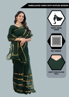 Yashvi Designer Embellished Bollywood Net Saree(Dark Green)