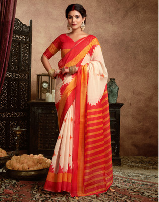 Satrani Printed Baluchari Cotton Silk Saree(Cream, Red, Yellow)