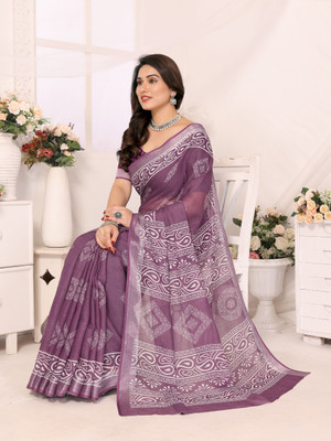 Soor Panchi Floral Print Bollywood Cotton Linen Saree(Purple)