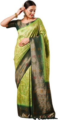 Akhilam Woven Kanjivaram Silk Blend Saree(Light Green)