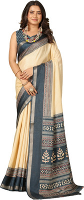 Virendra Textiles Printed Handloom Cotton Blend Saree(Grey)