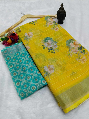 Gajal Printed Kanjivaram Linen, Cotton Linen Saree(Yellow, Blue)