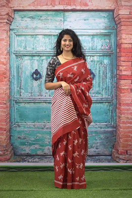 DASTKARPRINT Printed, Color Block, Blocked Printed, Floral Print, Dyed Daily Wear Pure Cotton Saree(Pink)