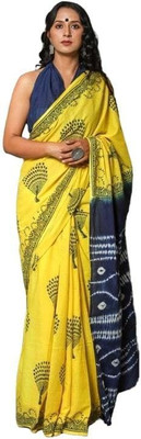 HIYAMI Printed Daily Wear Pure Cotton Saree(Yellow)