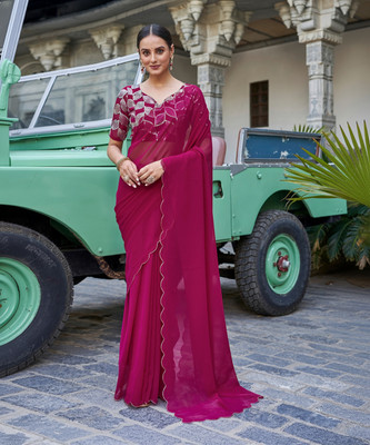Samah Dyed, Embellished Bollywood Chiffon, Georgette Saree(Pink)