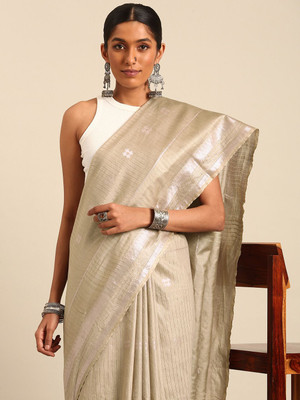 Taavi Self Design Bollywood Silk Blend Saree(Cream)