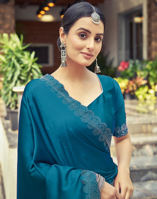 SIRIL Embellished, Solid/Plain Bollywood Satin Saree(Dark Blue)