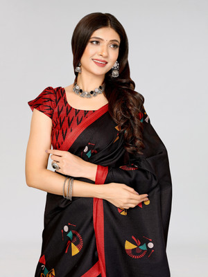 ANIRAV Printed Mysore Art Silk Saree(Black)