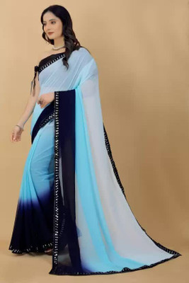 WOM BAB Color Block, Embellished Bollywood Georgette Saree(Light Blue, Blue)
