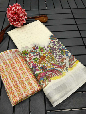 Saaransh Floral Print Kanjivaram Linen, Cotton Silk Saree(Cream)