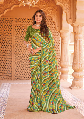 Laxmipati Sarees Striped Saree with Attached Blouse Chiffon Saree(Green)
