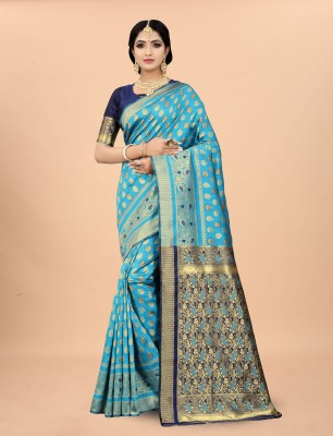 sadika Woven, Self Design Dharmavaram Cotton Silk Saree(Light Green, Blue)