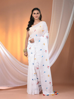 makalitraders Self Design Handloom Pure Cotton Saree(White)