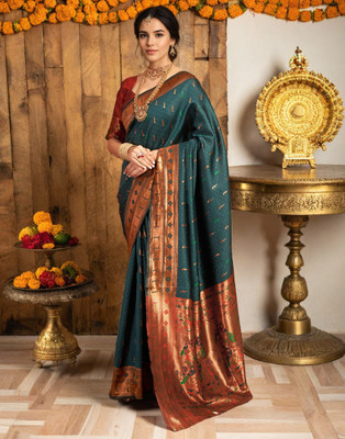 LeeliPeeri Designer Printed Paithani Cotton Silk Saree(Green)