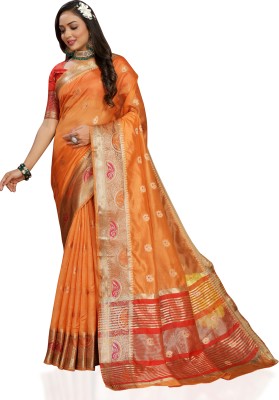 SariSphere Embroidered Banarasi Cotton Silk Saree(Orange)