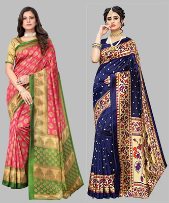 ANIRAV Printed, Digital Print, Self Design Kalamkari Art Silk Saree(Pack of 2, Pink, Blue)