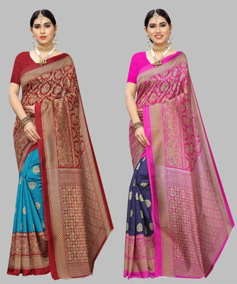 Priyashi Self Design, Digital Print, Printed Mysore Art Silk Saree(Pack of 2, Light Green, Blue)