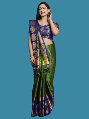 HouseOfCommon Woven Gadwal Art Silk, Jacquard Saree(Green)