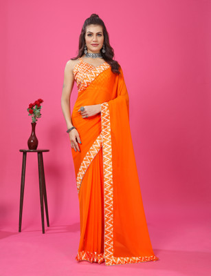 RHG Fashion Solid/Plain, Self Design, Digital Print Bollywood Georgette Saree(Orange)