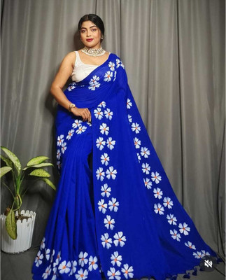 Quexle Floral Print Handloom Pure Cotton Saree(Blue)