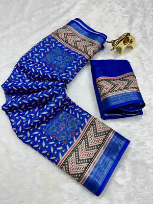 FULIYA SILK Printed, Geometric Print, Tie-Dye, Digital Print Daily Wear Linen Saree(Blue)