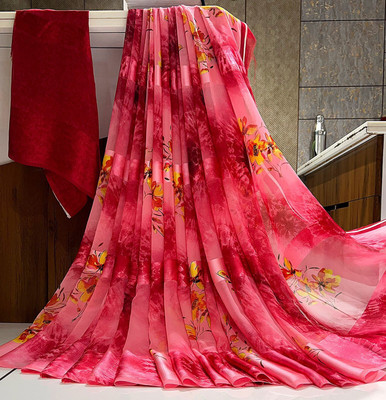 Bombey Velvat Fab Printed, Animal Print, Polka Print, Hand Painted, Digital Print, Solid/Plain, Striped, Woven Kalamkari Chiffon, Lycra Blend Saree(Maroon, Pink)