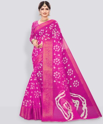 Harshiv Enterprise Printed Bandhani Cotton Blend Saree(Pink)