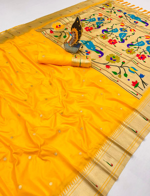 PANZORA Woven Paithani Cotton Silk Saree(Yellow)