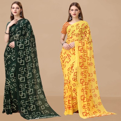 Dori Graphic Print, Floral Print Daily Wear Georgette Saree(Pack of 2, Green, Yellow)