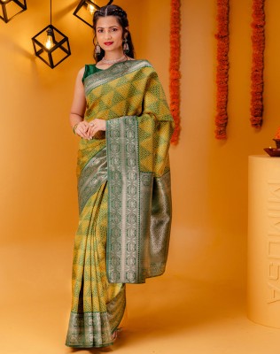Siril Woven, Self Design, Embellished Kanjivaram Art Silk, Silk Blend Saree(Dark Green, Yellow)