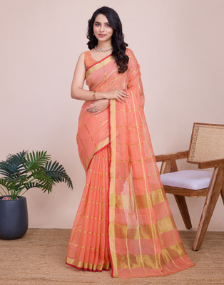 Samah Woven, Embellished, Striped Kota Doria Silk Blend Saree(Pink, Gold)
