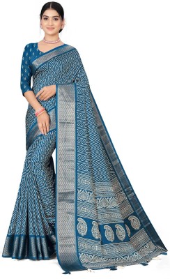 NANDI FAB Floral Print Bollywood Cotton Blend Saree(Blue)