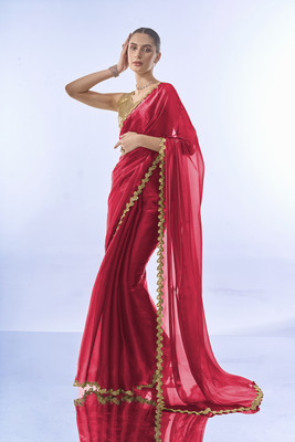Kalista Embellished, Solid/Plain Bollywood Organza Saree(Red)