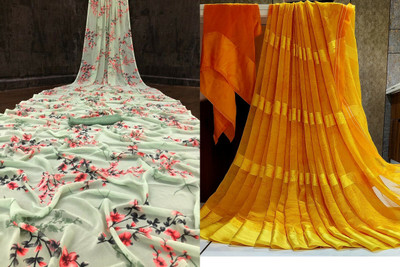 Sanjana Silk Floral Print Bollywood Georgette Saree(Pack of 2, Green)
