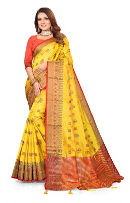 PVSSAREES Printed Kanjivaram Silk Blend Saree(Yellow)