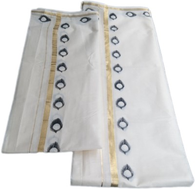 KUTHAMPULLY SETMUNDU Printed Mundum Neriyathum Handloom Cotton Linen Saree(White)